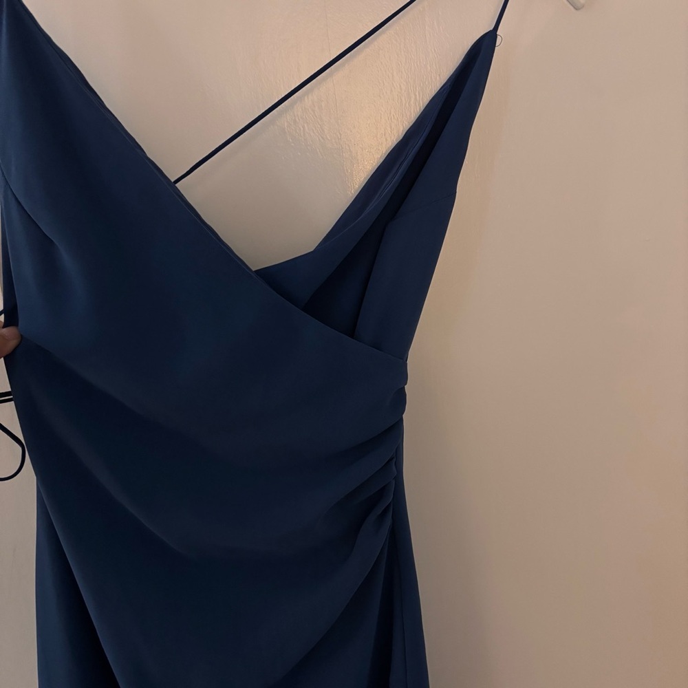Lulu's V-Neck Knee Length Dress with Fold-Over Slit (Blue/Green) - Picture 4 of 11